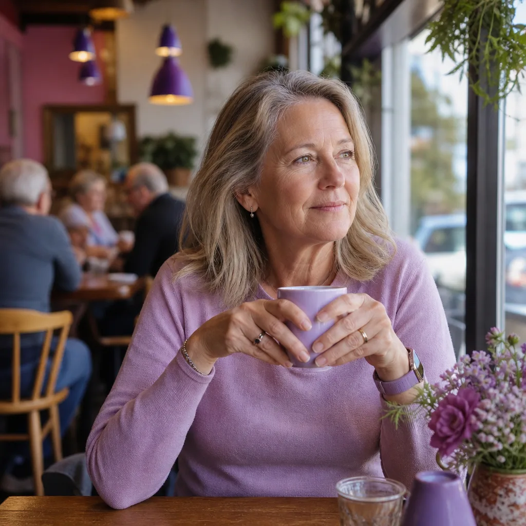 Woman reviewing local dating profiles on a tablet beside a cup of tea