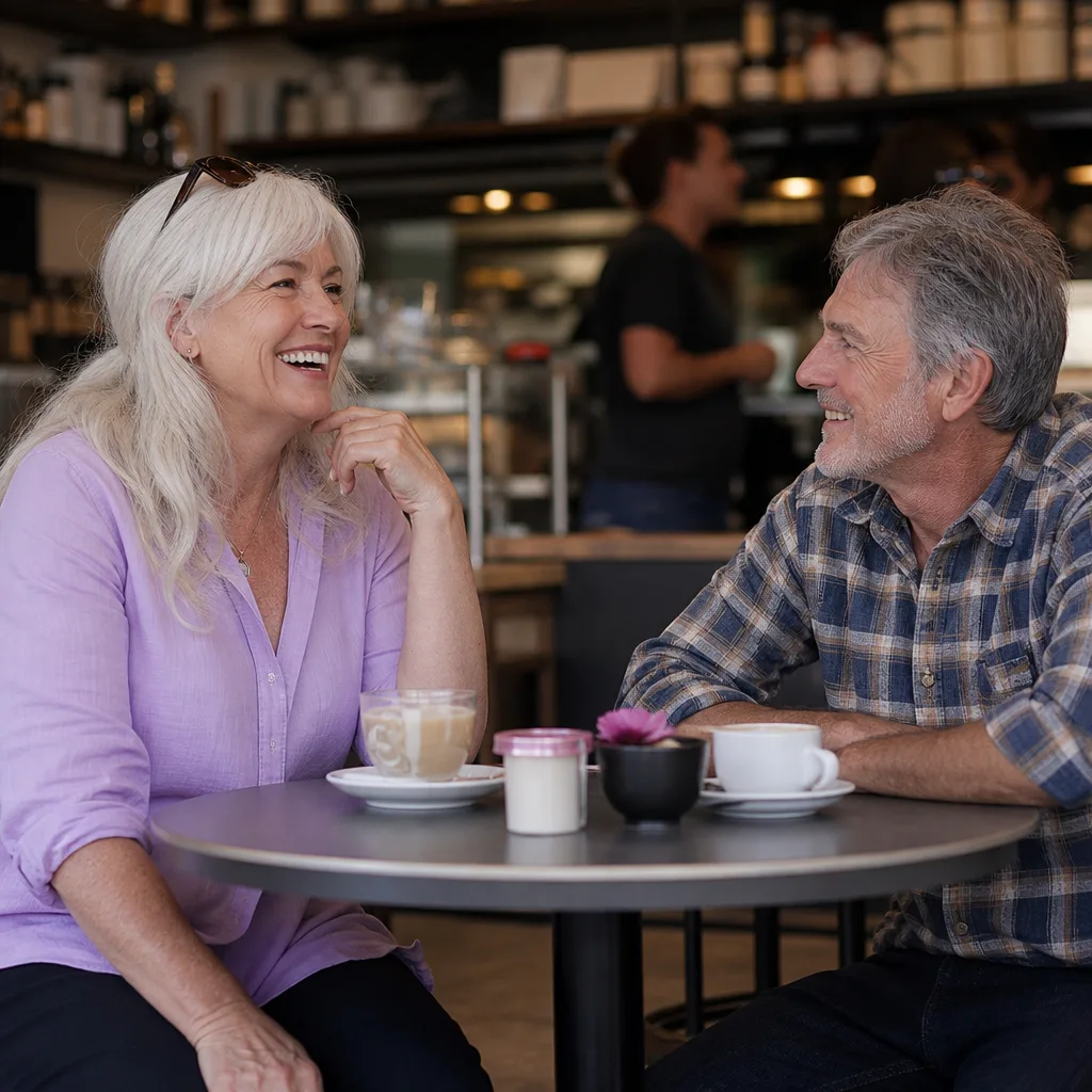 Two mature adults meeting for coffee in a busy public venue