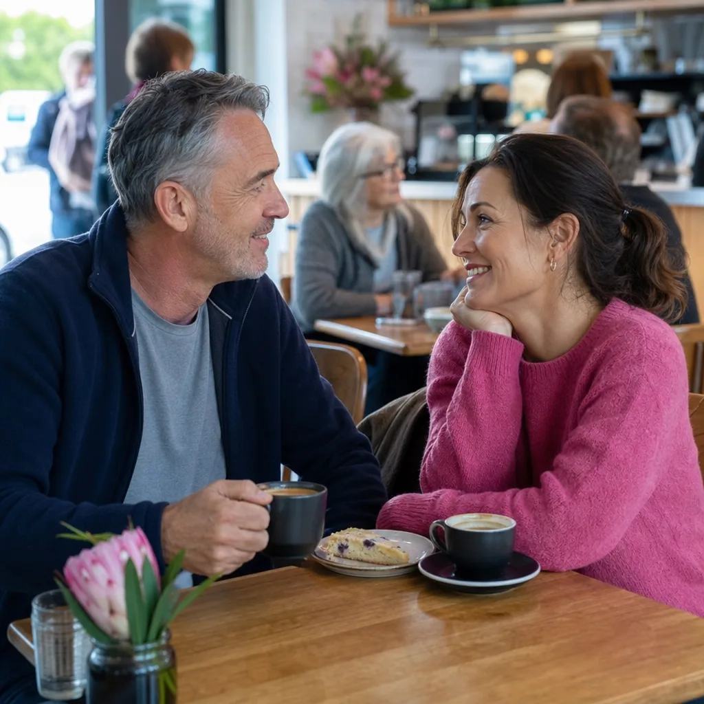 Mature couple talking at a public café near the Humber